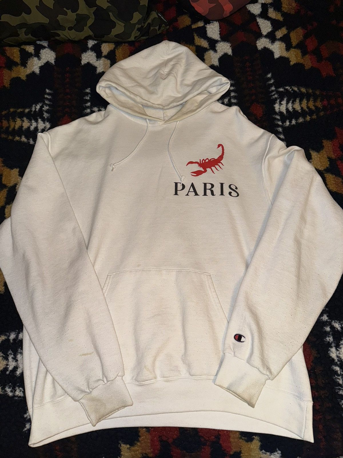 Image of Champion x Rap Tees Gxfr Pray For Paris Hoodie in White, Men's (Size XL)