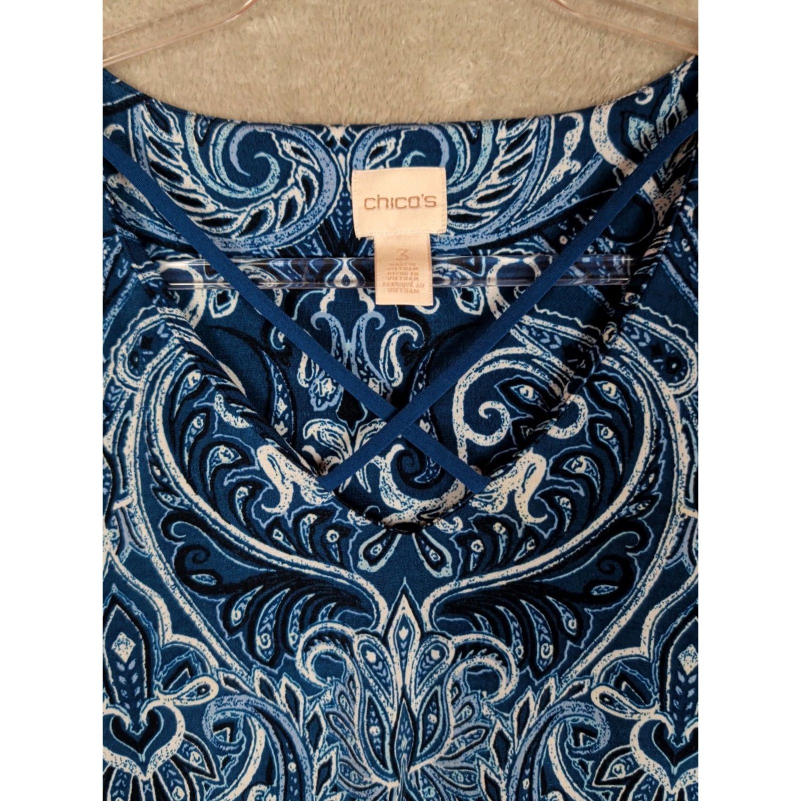 Vintage Chico's Tunic Top Blue Paisley Pullover 3/4 sleeve Size 3=XL Stretchy Women Size XXL / US 16-18 / IT 52-54 - 4 Thumbnail