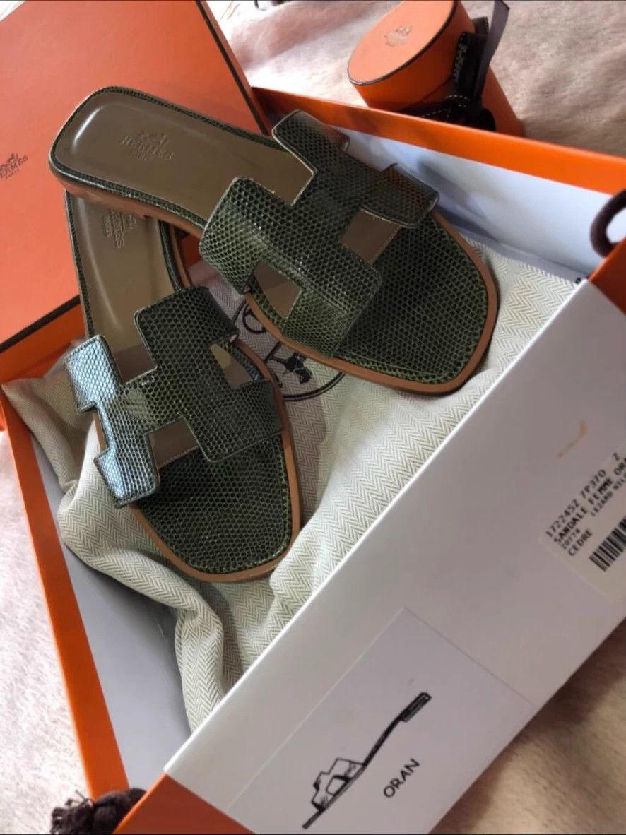 Hermes Hermes Oran H Green Lizard Slippers Size US 7 / IT 37 - 2 Thumbnail