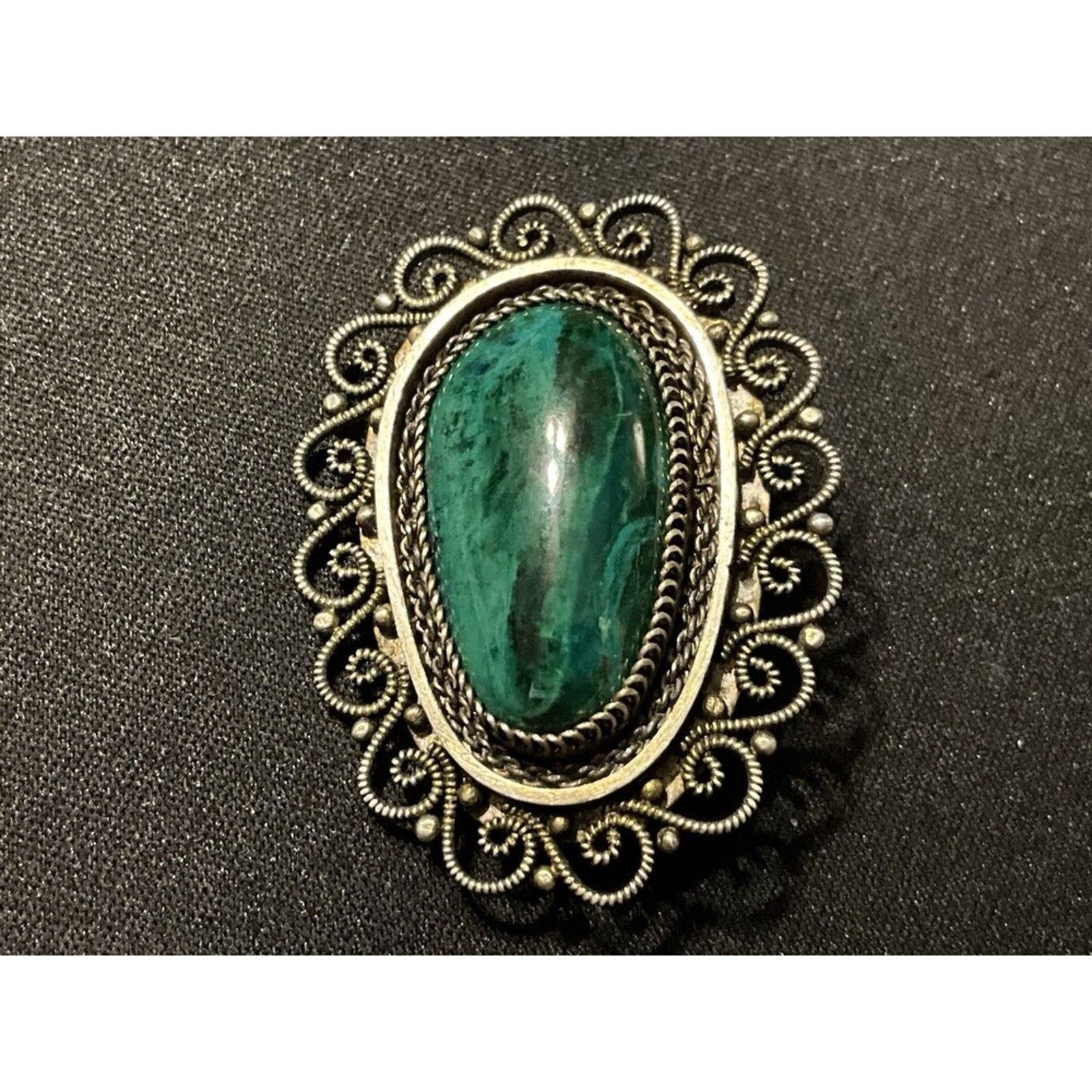 Other 925 Mexico Large Malachite Scroll Design Brooch, Vintage Size ONE SIZE - 1 Thumbnail