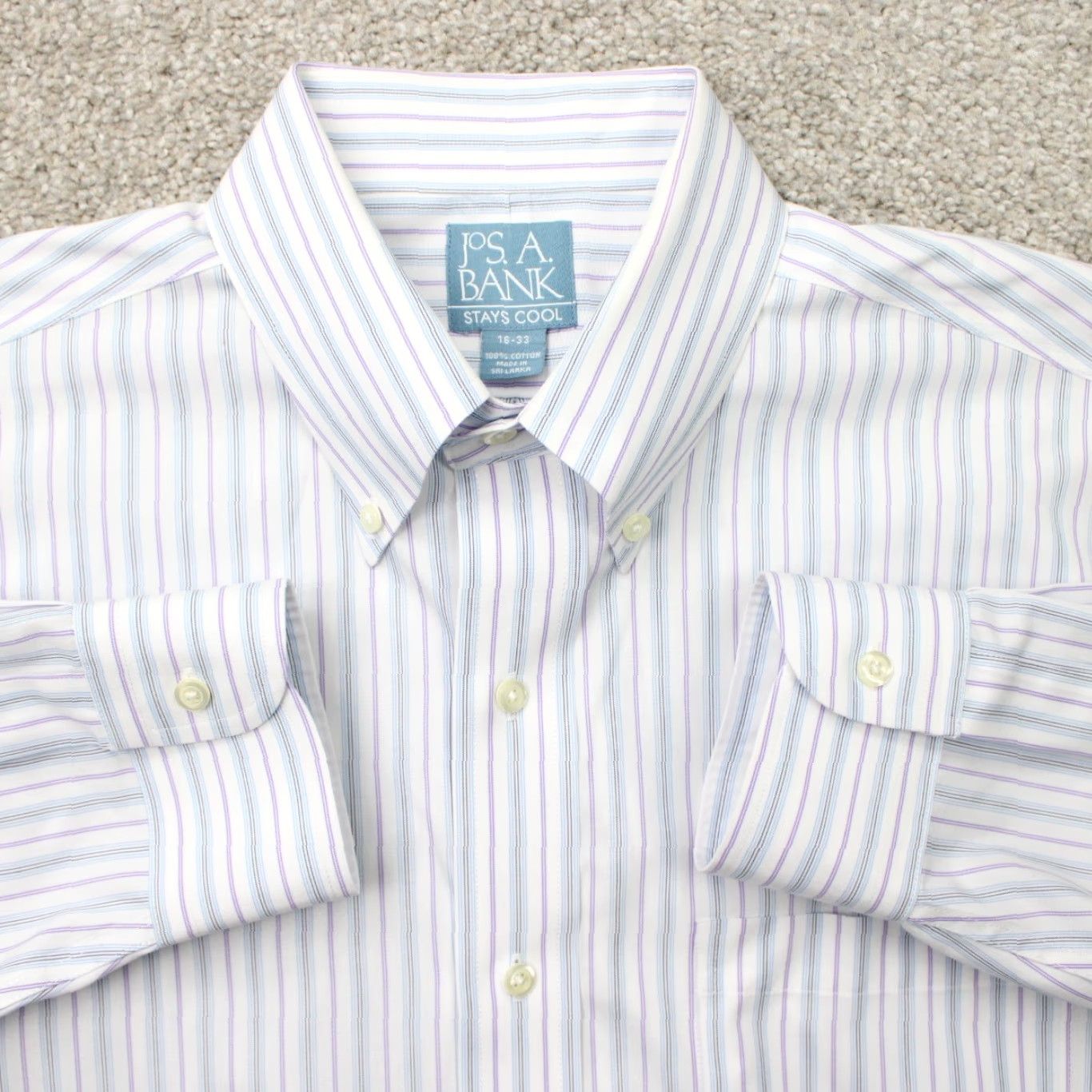 Jos. A. Bank Jos. A. Bank Shirt Mens 16, 33 White/Blue/Purple Striped 100% Cotton L/S Button-Down Collared Dress Shirt Regular Fit Size US L / EU 52-54 / 3 - 2 Thumbnail