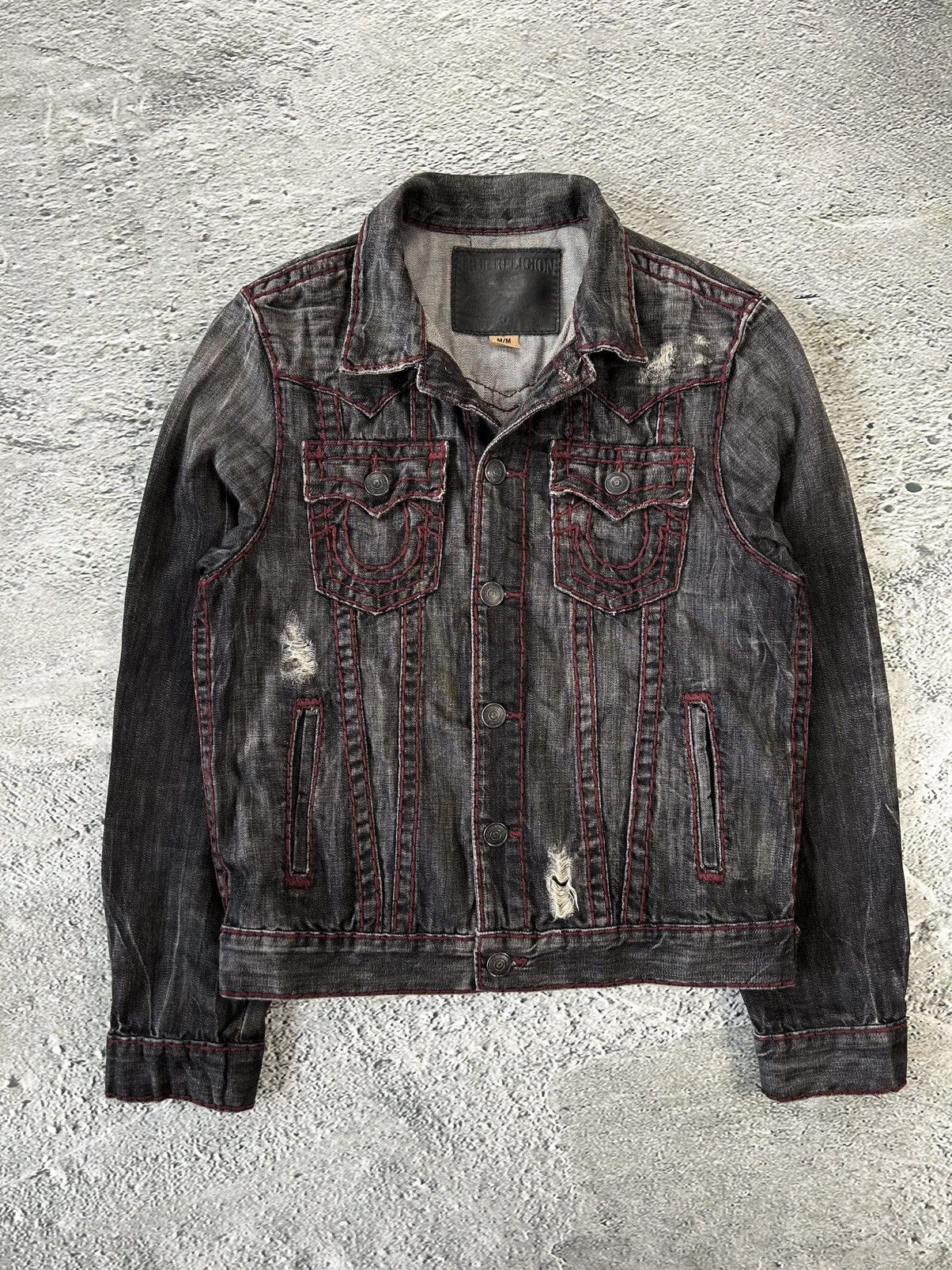 True Religion denim jacket black red contrast stitching Y2K