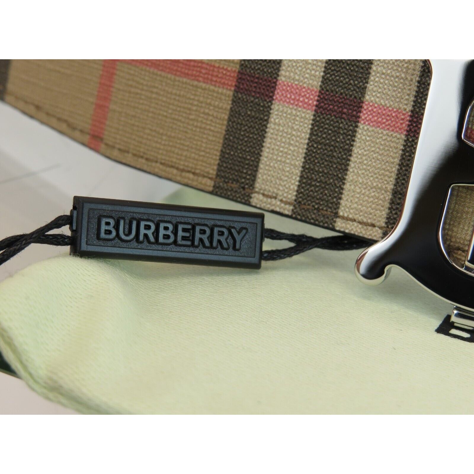 Burberry TB 35 BEIGE CHECK BLACK LEATHER REVERSIBLE LOGO BELT 95 38 Size 38 - 11 Thumbnail