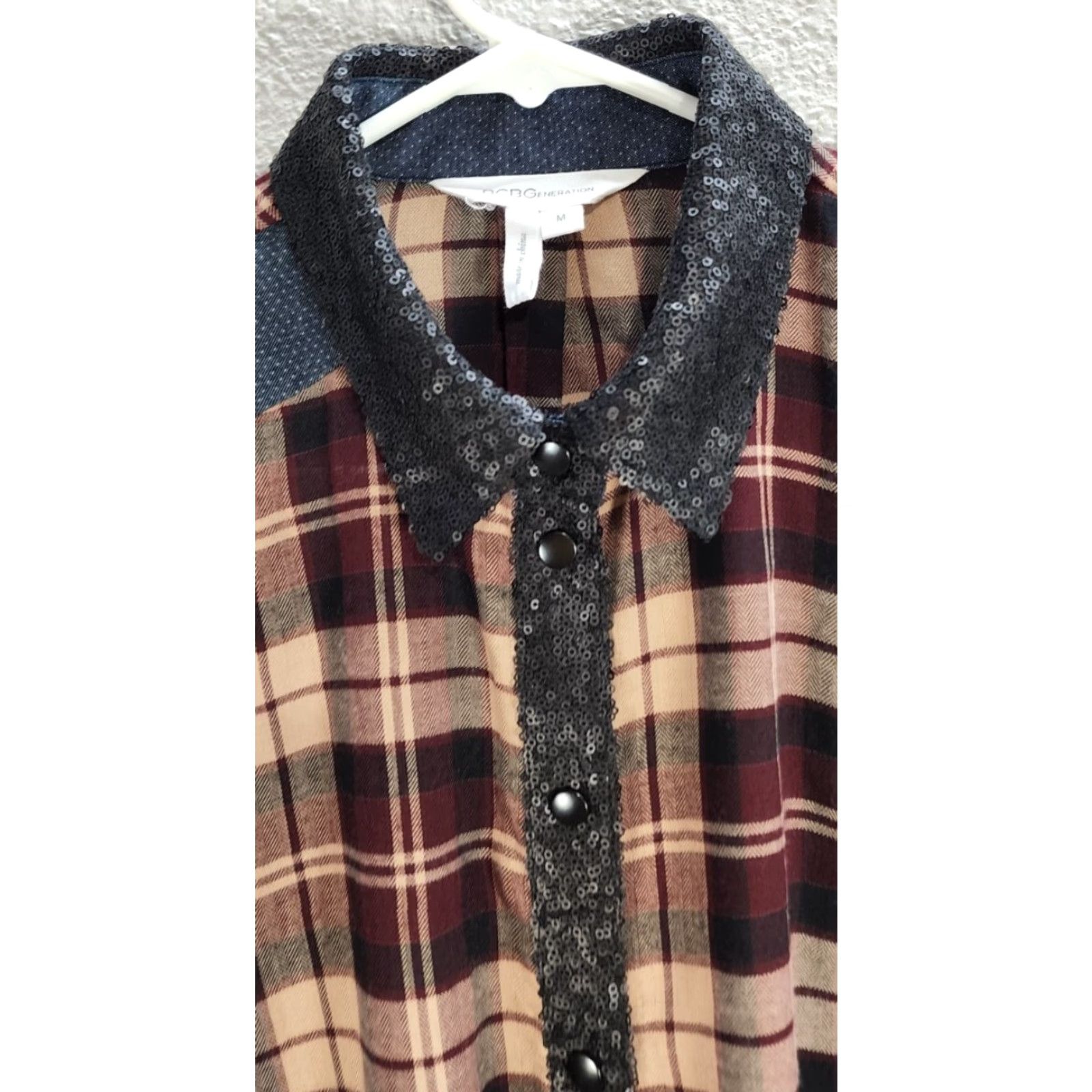 BCBGeneration BCBGeneration Blouse Shirt Sequin Plaid Chambray Brown Button Down Long Sleeve Size M Womens Size M / US 6-8 / IT 42-44 - 4 Thumbnail