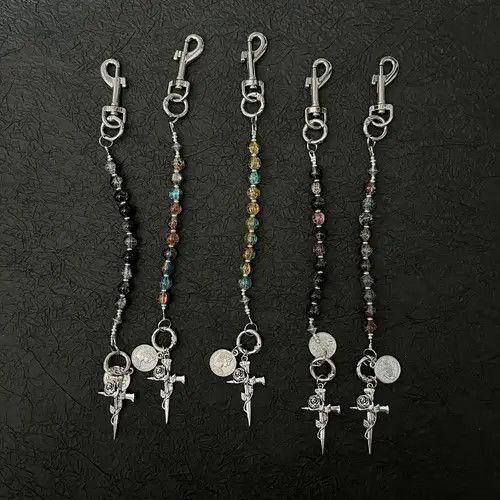 Jewelry Silver Beaded Keychain with Rose and Dagger Charms Size ONE SIZE - 2 Thumbnail