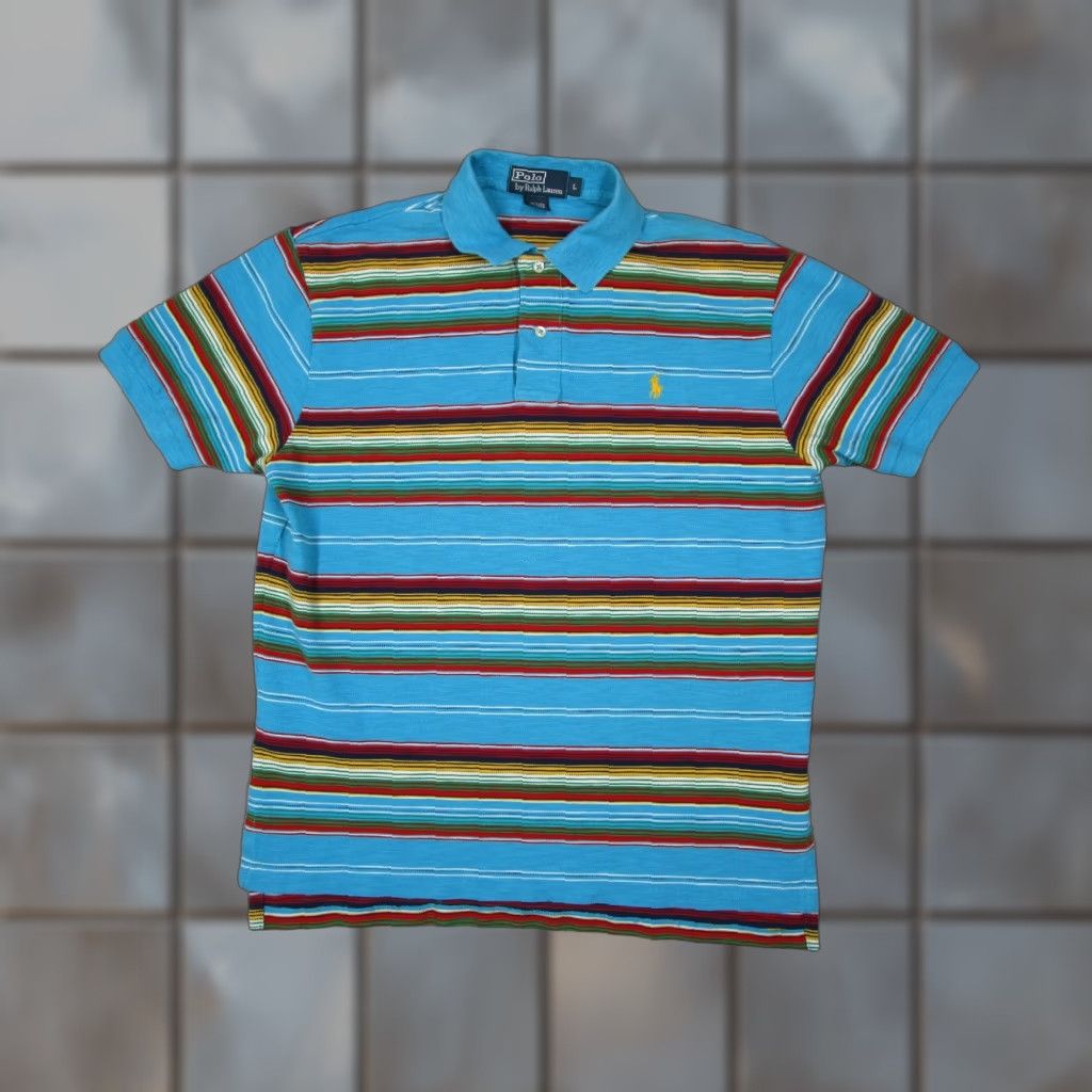 VINTAGE Polo Ralph Lauren Shirt Mens Large Blue Knit Southwest Short Sleeve Pony