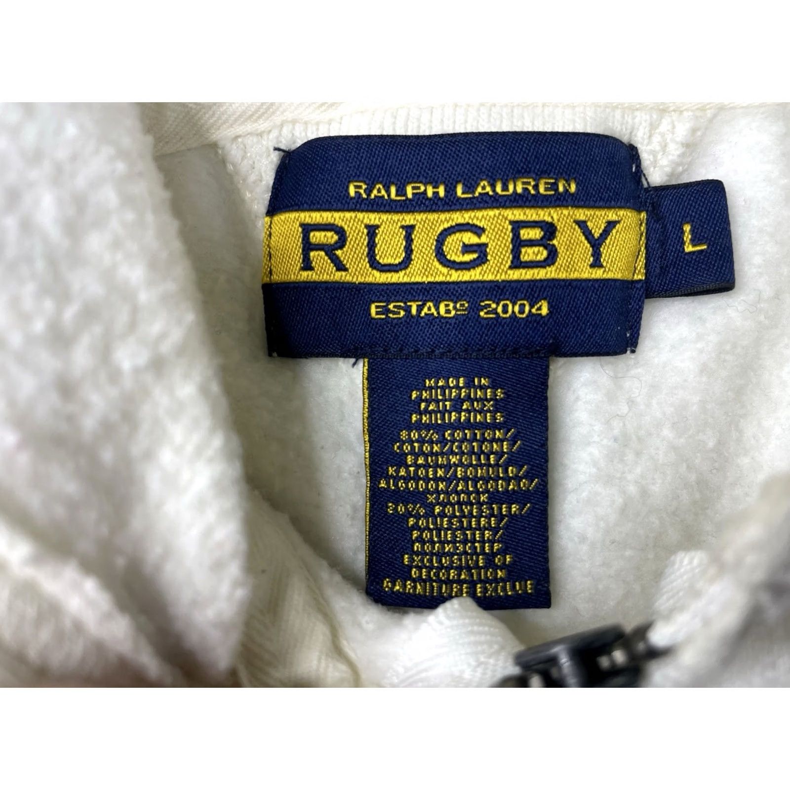 Ralph Lauren VINTAGE Rugby Ralph Lauren Hoodie Sweatshirt 1/4 Zip Pullover Gothic R Men Large White Cotton Knit Regular Hooded Pockets Logo Button Size US L / EU 52-54 / 3 - 4 Thumbnail