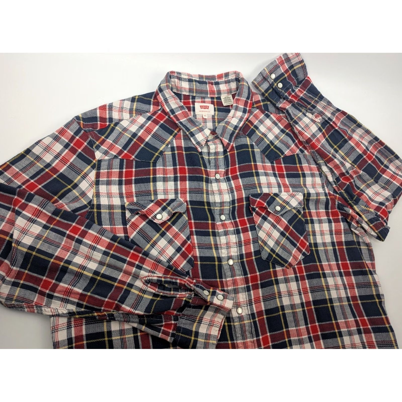 Levi's Levi's Pearl Snap Shirt Men's 2XL Cowboy Western Red Navy Plaid Pockets Cotton Size US XXL / EU 58 / 5 - 2 Thumbnail