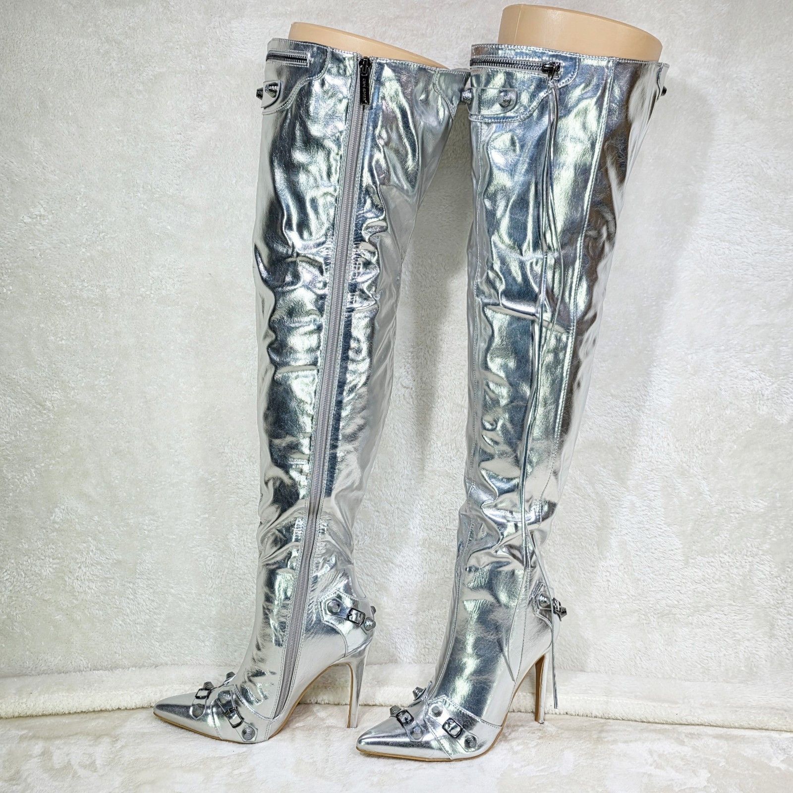Other Bad Girlz 2 Silver Matte Thigh High Boots 4.5" Heels (Size:8 Size US 8 / IT 38 - 9 Thumbnail