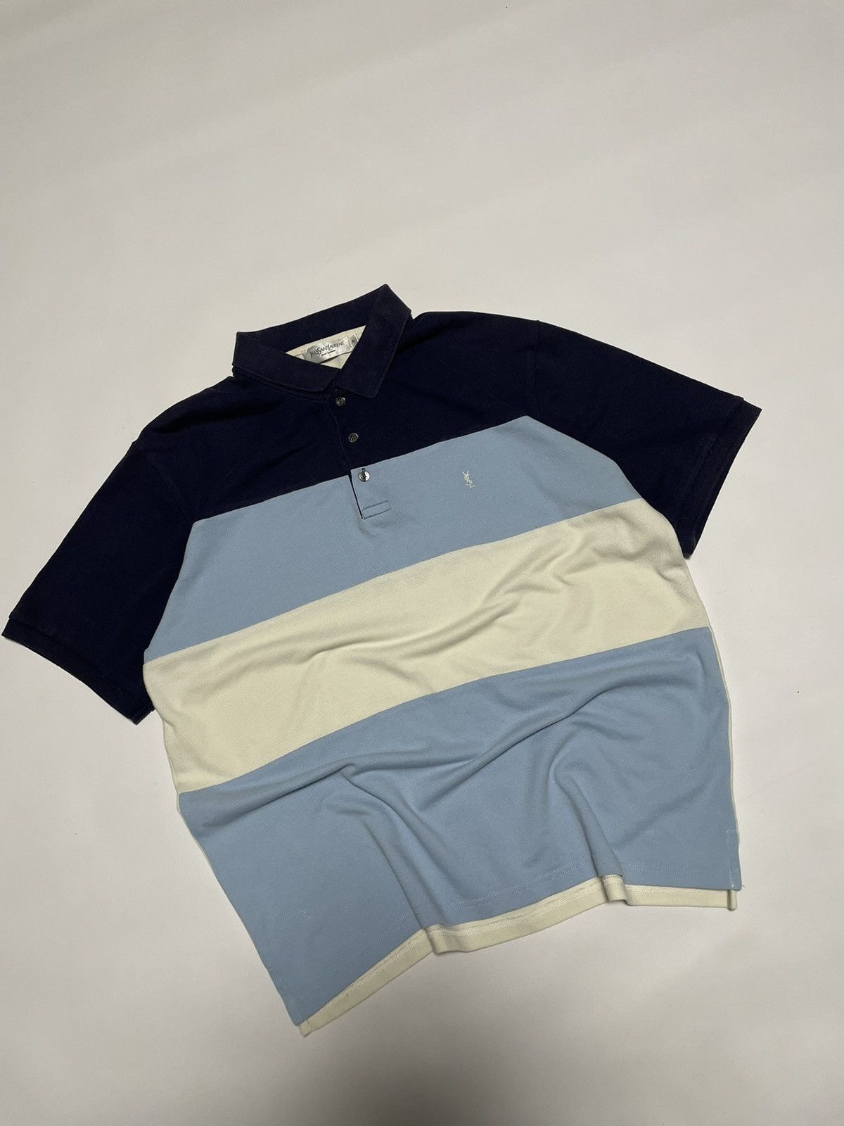 Vintage × Yves Saint Laurent Yves Saint Laurent YSL Vintage Polo Shirt Blue White Stripe Size US XL / EU 56 / 4 - 2 Thumbnail