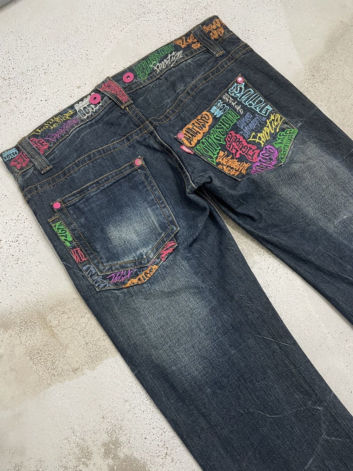 Designer × Japanese Brand Y2K Graffiti Embroidery Honeycomb Whisker Button Denim Size US 33 - 10 Thumbnail