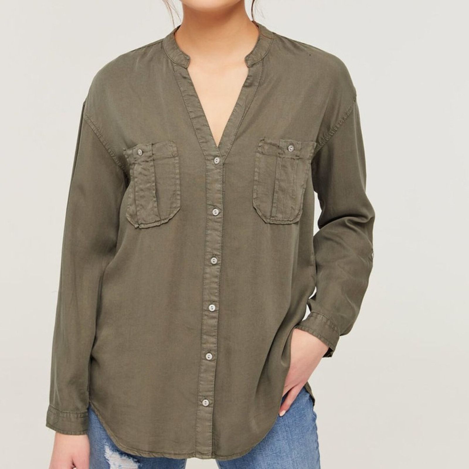 Zara ZARA Olive Utility Roll Tab Sleeve Button Down Shirt Sz S Size S / US 4 / IT 40 - 1 Thumbnail