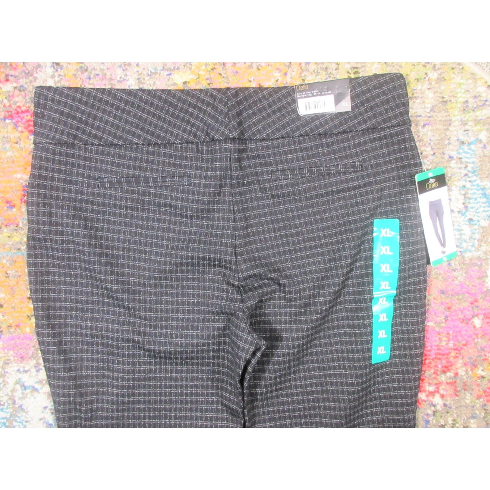 Vintage Dalia Women's Pants XL Black White Squares Tummy Control Built-In Pull On Slimming Ponte Geometric Tapered Leg Regular Machine Washable Size 40" / US 18 - 4 Thumbnail