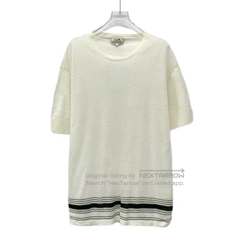 Hermes Hermes Beige Striped Linen Round Neck Short Sleeve T-Shirt Size L / US 10 / IT 46 - 1 Thumbnail