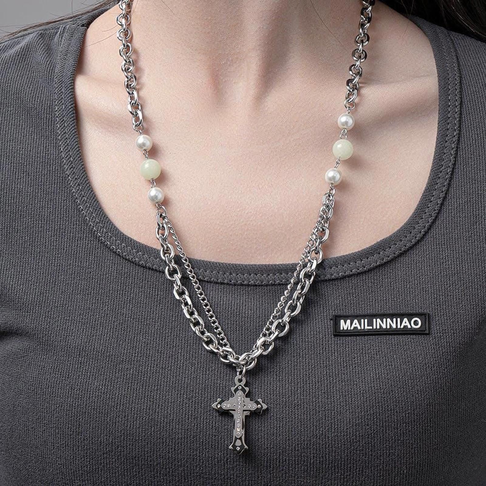 Jewelry Cross Stacked Pearl Chain Necklace Size ONE SIZE - 1 Thumbnail