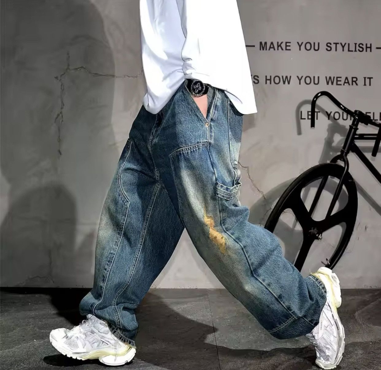 Denime × Jean American Vintage Ripped Loose Fit Straight Leg Jeans Size US 30 / EU 46 - 2 Thumbnail