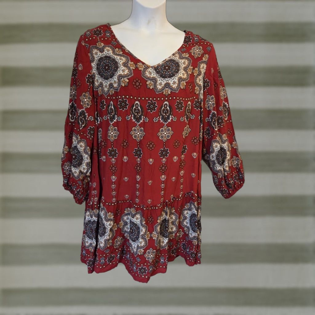 Shein SheIn Curve Red Floral Medallion Print Drop Waist Dress 1X Women Knee Length Boho Hippie V-Neck Long Sleeve Shift Dress Fits Plus Size Size XL / US 12-14 / IT 48-50 - 1 Thumbnail
