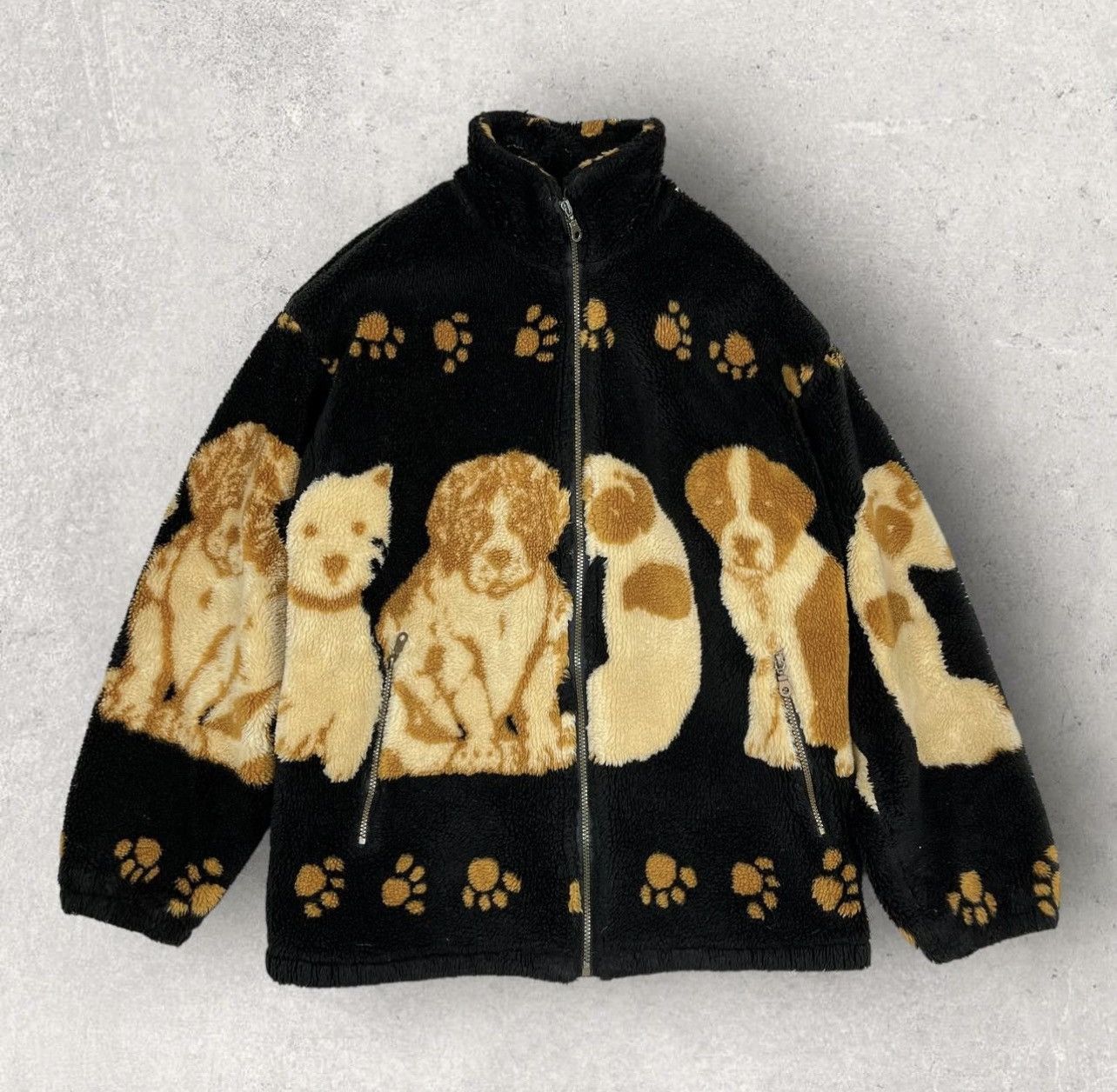 image of Vintage Sherpa Jacket “Puppies” in Black, Men's (Size XL)