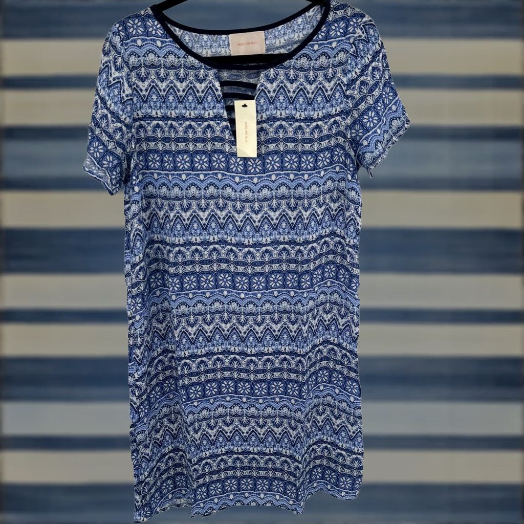 Vintage Skies Are Blue Shift Dress Geometric Blue Short Sleeve V Neck Women's M Size 32" / US 10 / IT 46 - 1 Thumbnail