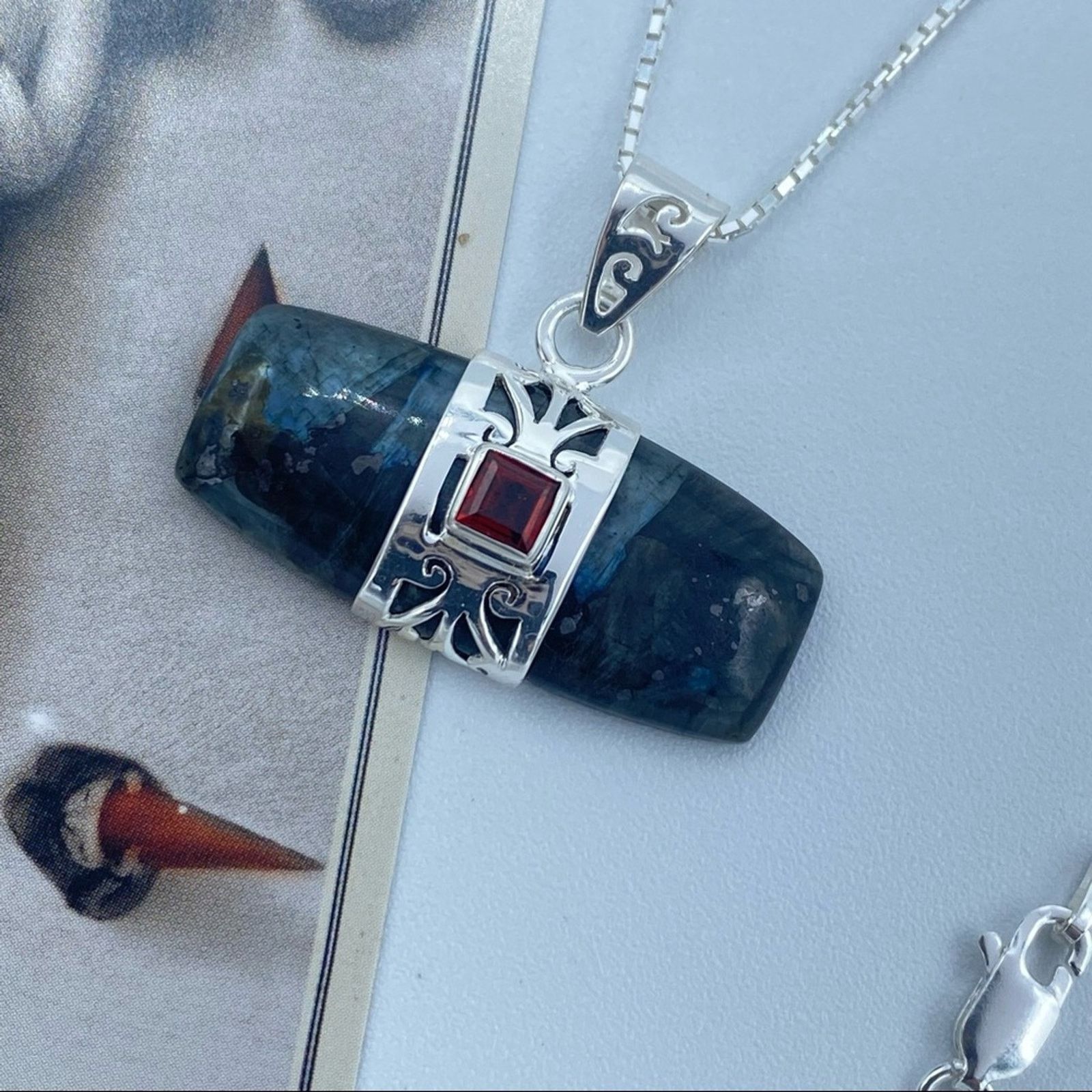 The Unbranded Brand Larvikite Black Moonstone & Garnet Pendant Necklace Size ONE SIZE - 3 Thumbnail