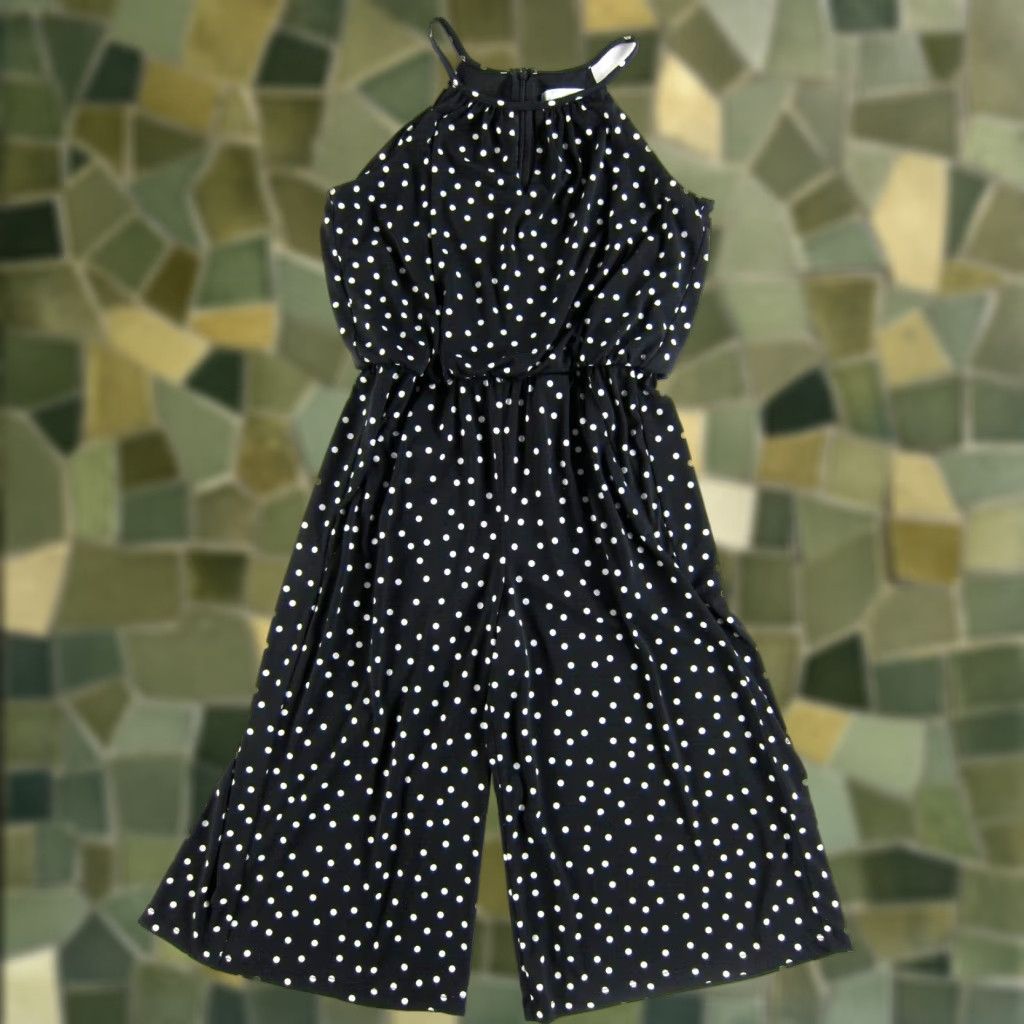 Vintage London Times Black White Polka Dot Capri Jumpsuit Sleeveless 4P Petite Women Pockets Stretch Coral? Size 27" / US 4 / IT 40 - 1 Thumbnail