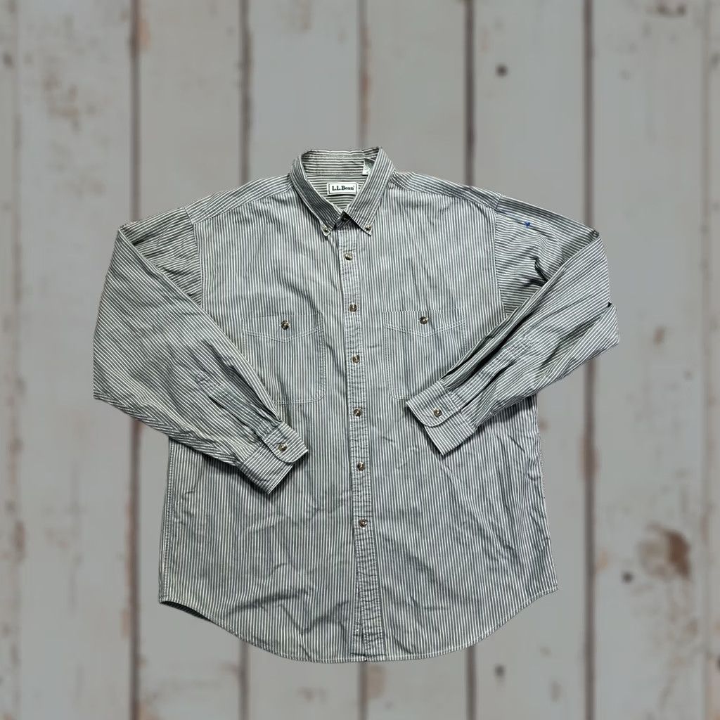 Vintage L.L.Bean Shirt Mens Large Green White Stripe Long Sleeve Button Down Cotton Size US L / EU 52-54 / 3 - 1 Thumbnail