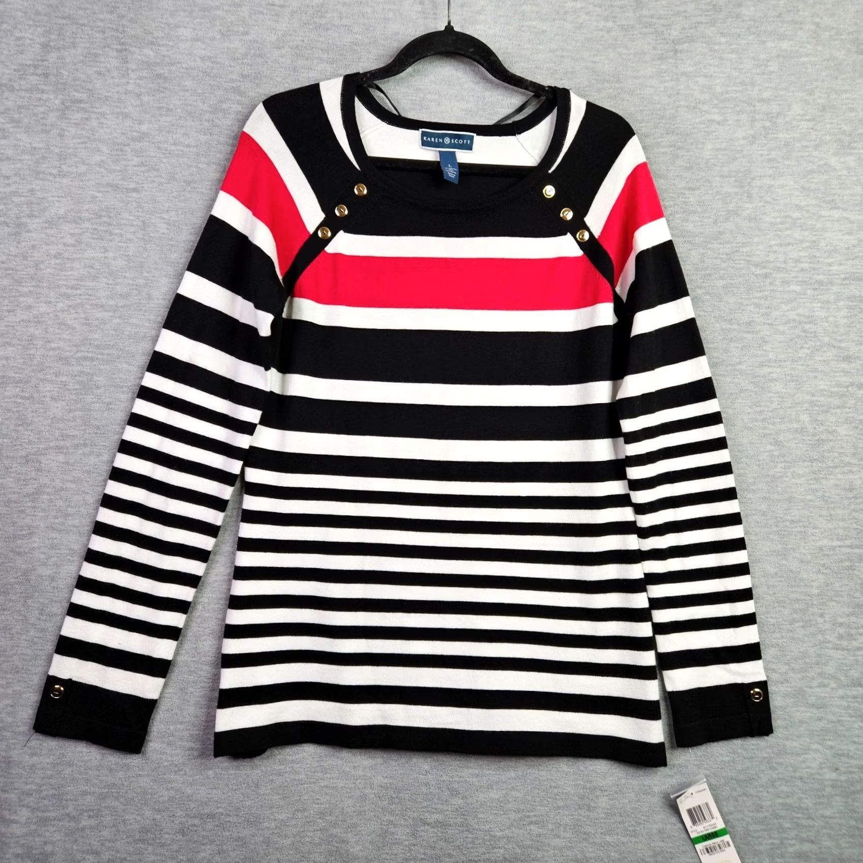 Vintage Karen Scott Women’s Sweater Top Size Large Black White Pink Gold Button Striped Casual Size L / US 10 / IT 46 - 2 Thumbnail