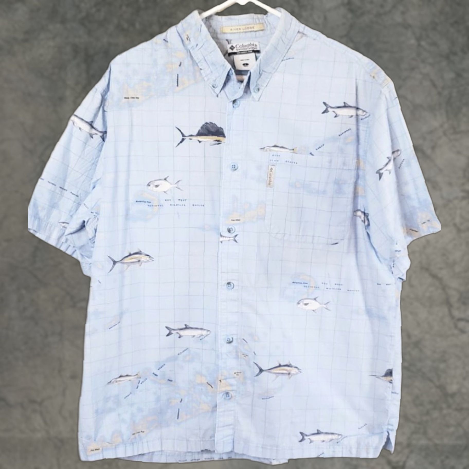 Vintage Columbia River Lodge Men's Blue Shirt Button Front Short Sleeve Sea Fish Key W Pattern: Fishing Size US L / EU 52-54 / 3 - 1 Thumbnail