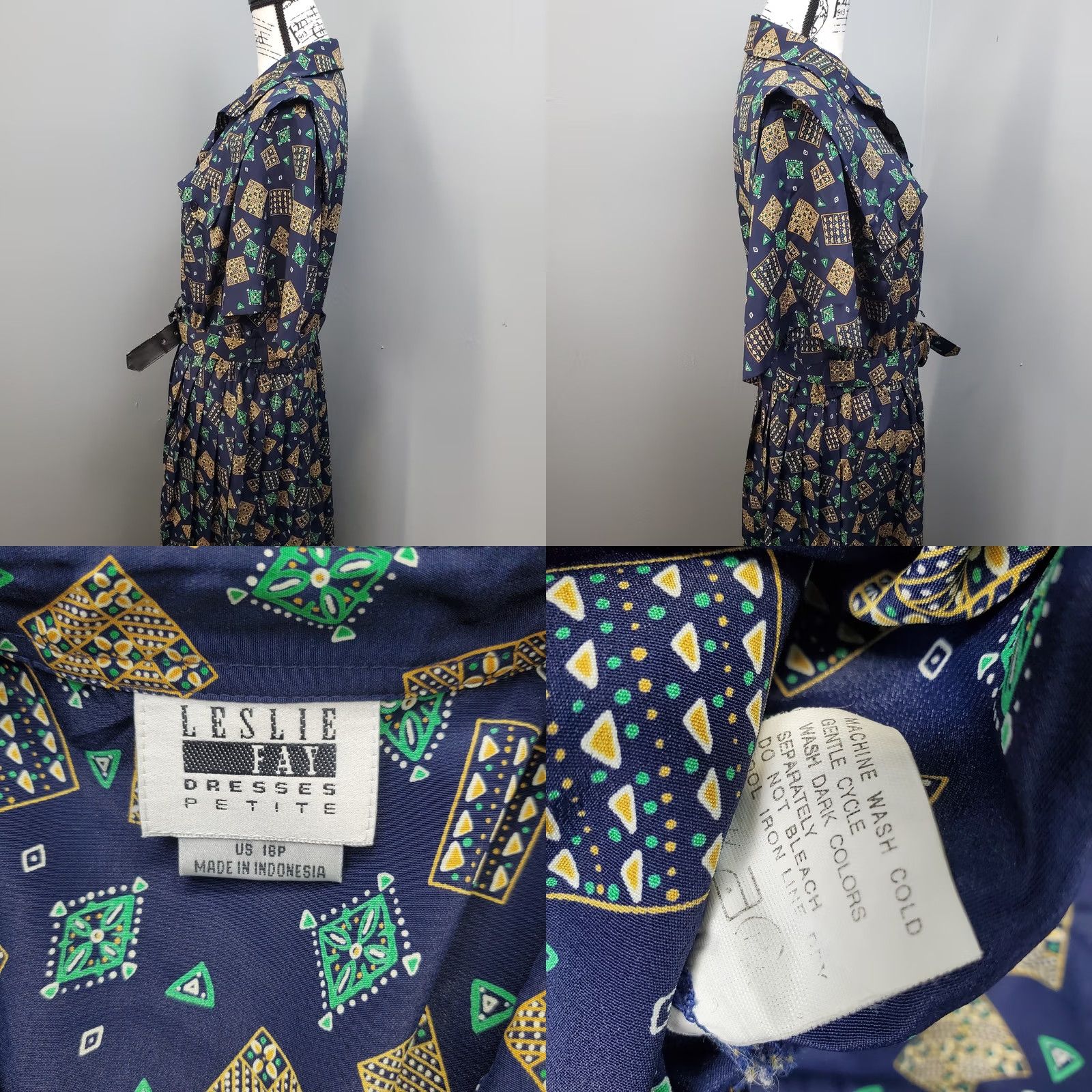 Vintage Leslie Fay Peggy Swing Dress Womens 18P Multi Geo Print Pleated Belted Waist Dress Size XXL / US 16-18 / IT 52-54 - 8 Thumbnail