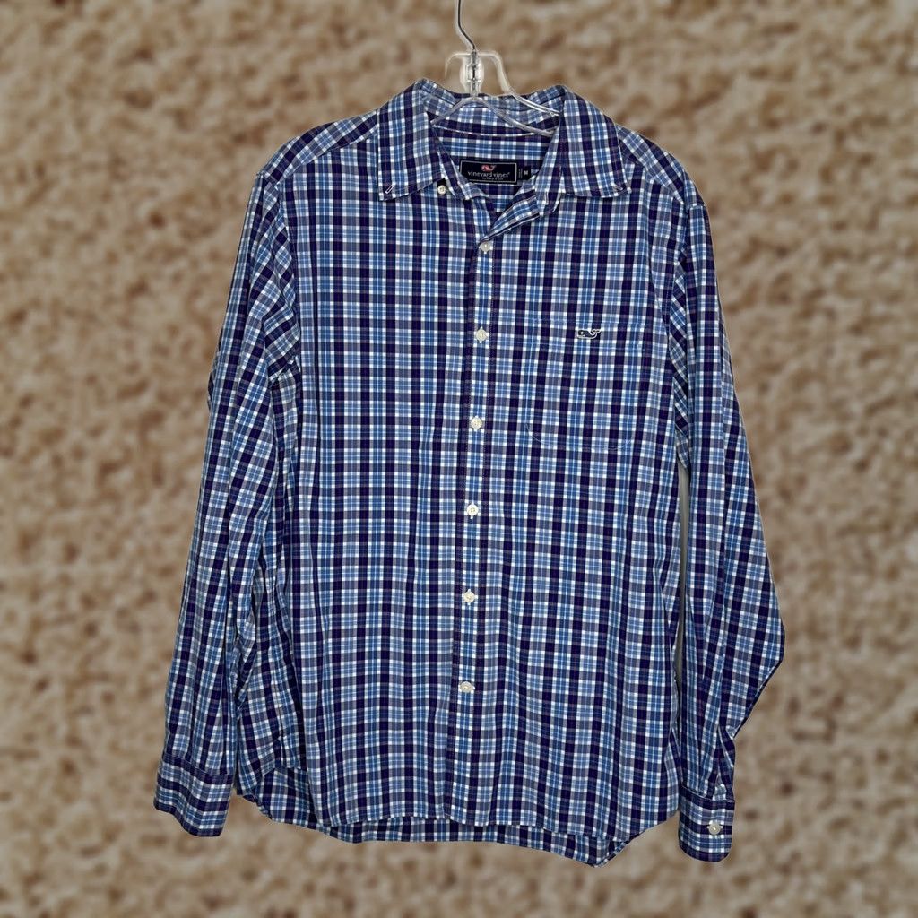 Vineyard Vines Shirt Mens Medium Blue Check Button Down Whale Logo Long Sleeve, Men's