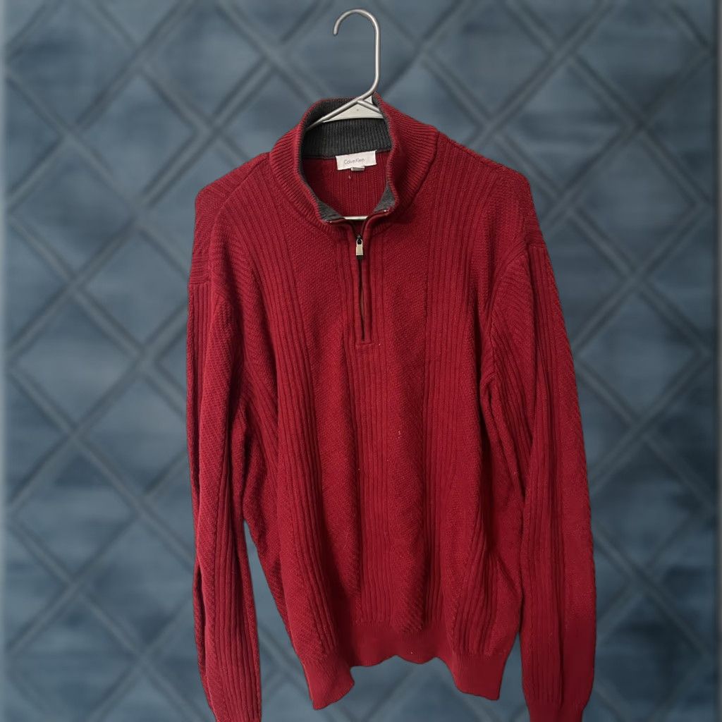 Calvin Klein Calvin Klein Men's Sweater 1/4 Zip Mock Neck Large Red Ribbed Men's Size US L / EU 52-54 / 3 - 1 Thumbnail