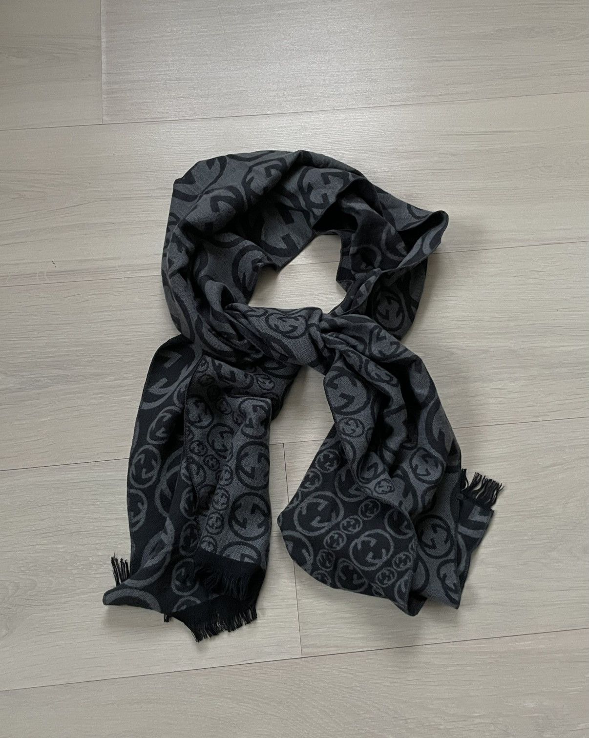 Gucci Gucci Scarf Monogram Wool Black Grey Logo Print Pattern Size ONE SIZE - 2 Thumbnail