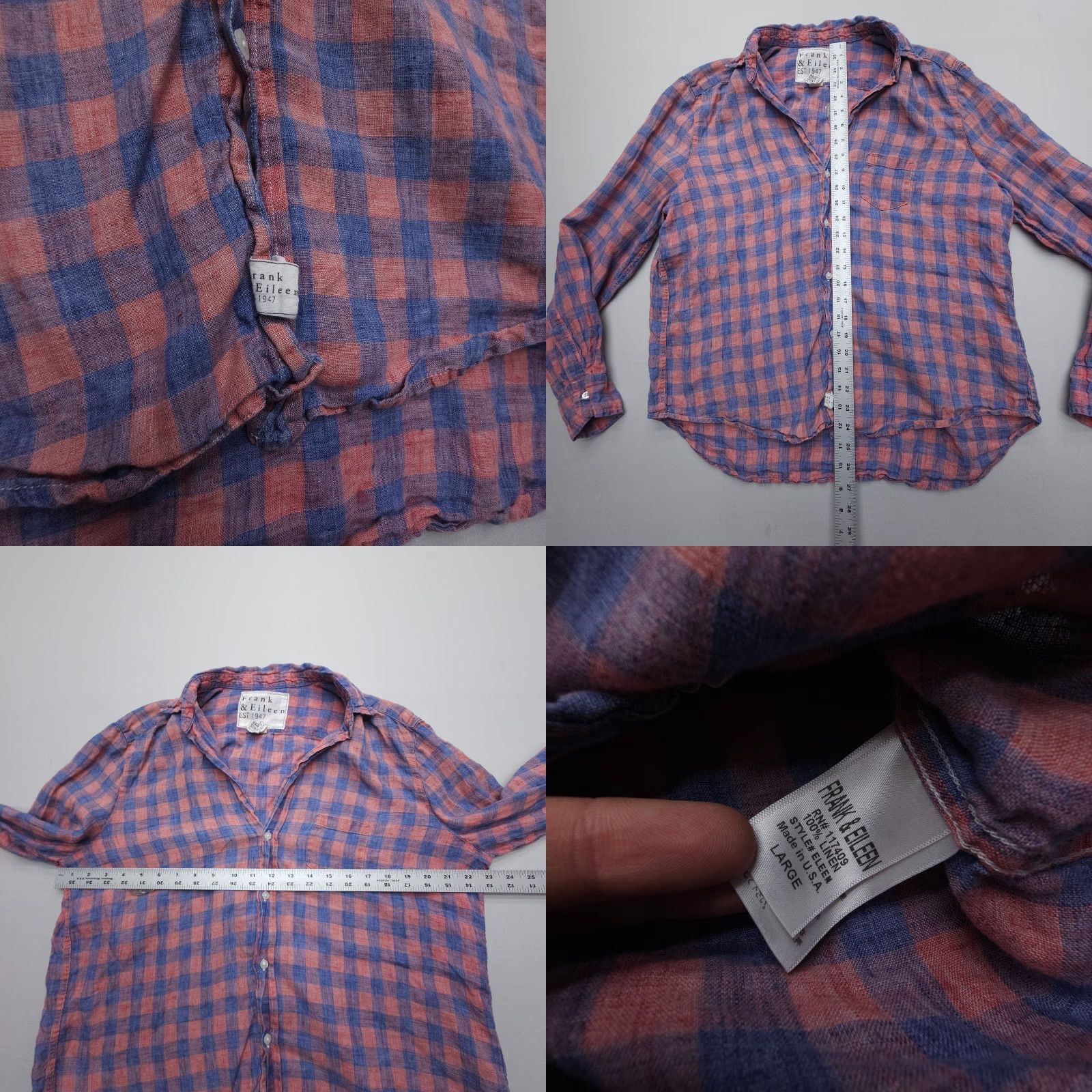 Frank & Eileen Frank & Eileen Shirt Casual Womens Button-Up Linen Check Coastal Lux Large Multicolor Breathable Lightweight Relaxed 90s? Size L / US 10 / IT 46 - 8 Thumbnail