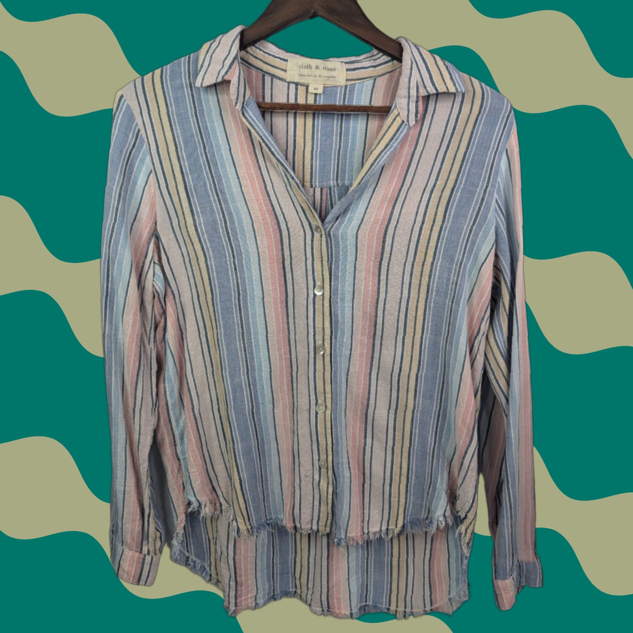 CLOT Cloth & Stone Button-Up Blouse Striped Multicolor Rayon Frayed Hem Raw Edge Size M Womens Size M / US 6-8 / IT 42-44 - 1 Thumbnail