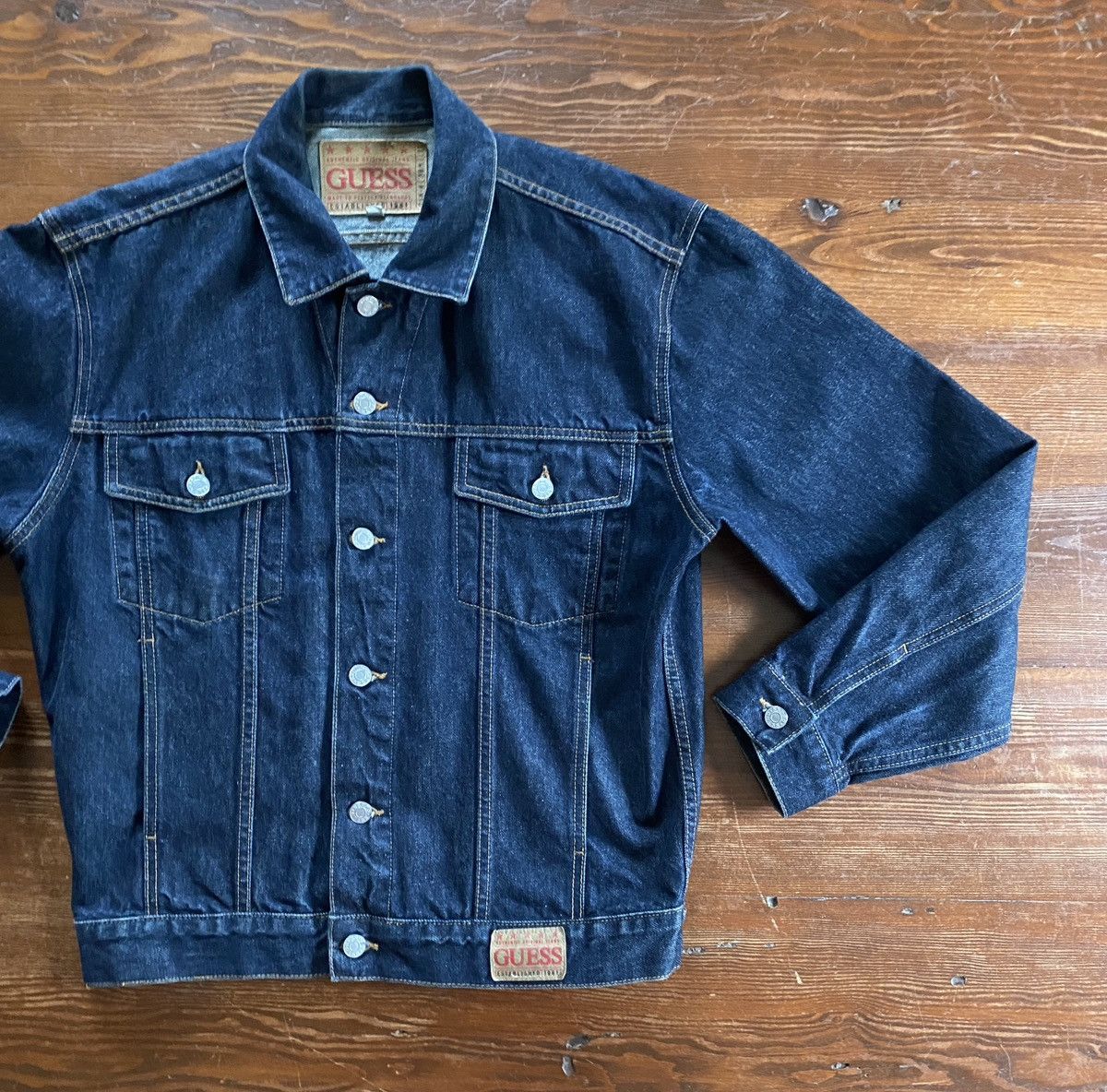 Guess × Vintage Vintage 80’s Guess Dark Blue Denim Jean Jacket Size US S / EU 44-46 / 1 - 1 Thumbnail