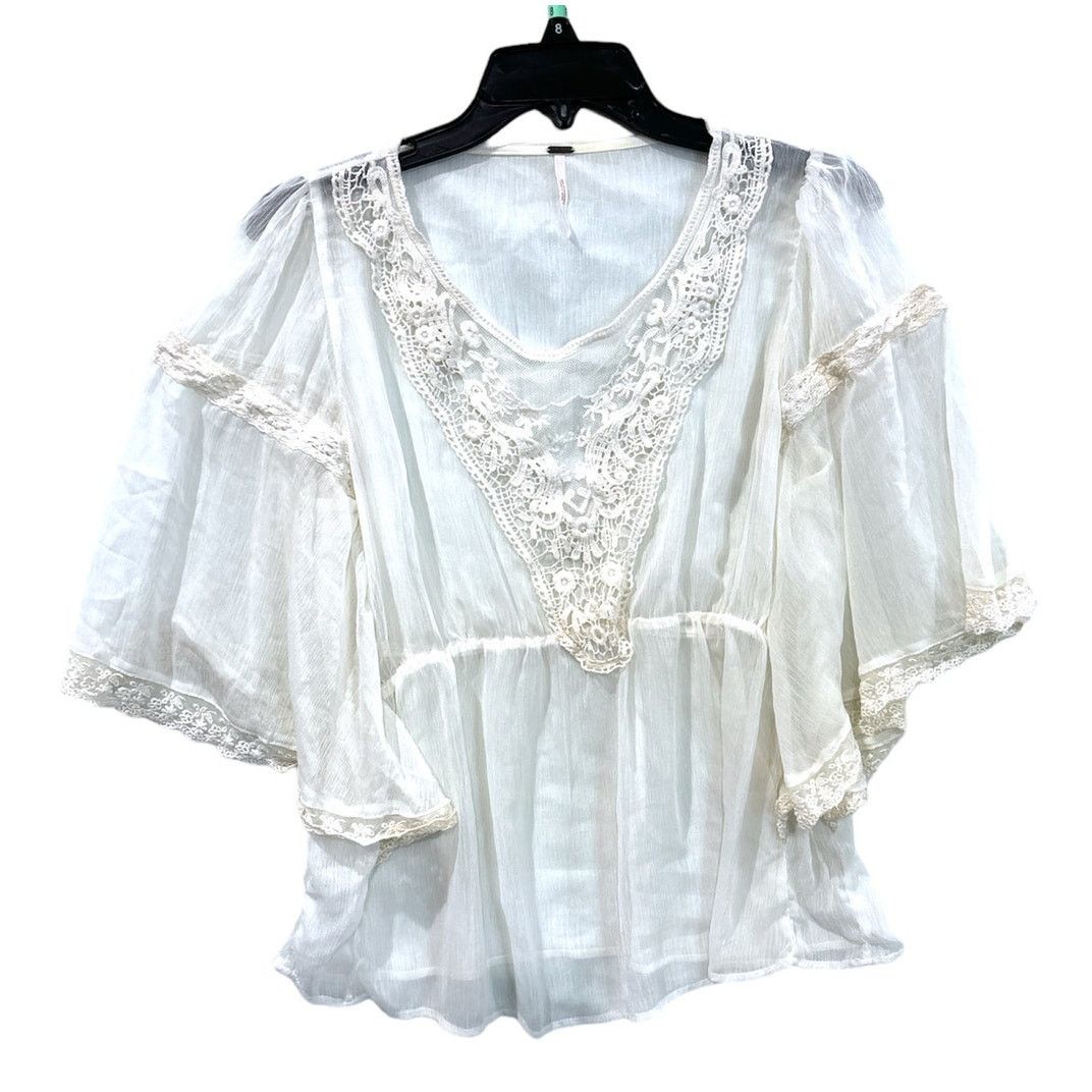 Free People FREE PEOPLE Women's Beige Gypsy White Lace Trim Blouse Sz XS Size XS / US 0-2 / IT 36-38 - 2 Thumbnail