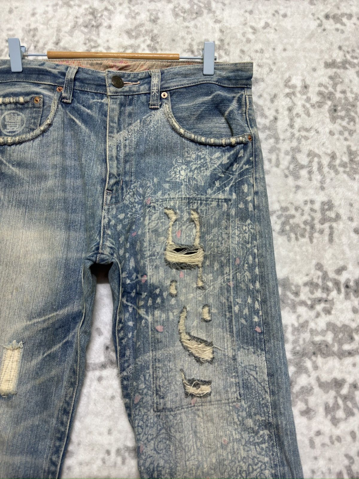 Hysteric Glamour Karakuri Tamashii Blue White Acid Wash Distressed Denim Size US 33 - 5 Thumbnail