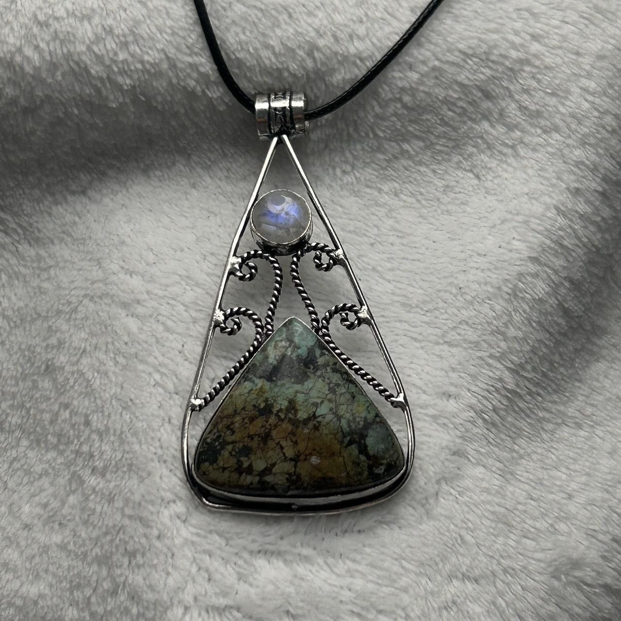 Vintage African Turquoise & Rainbow moonstone Silver Plated Pendant Size ONE SIZE - 4 Thumbnail