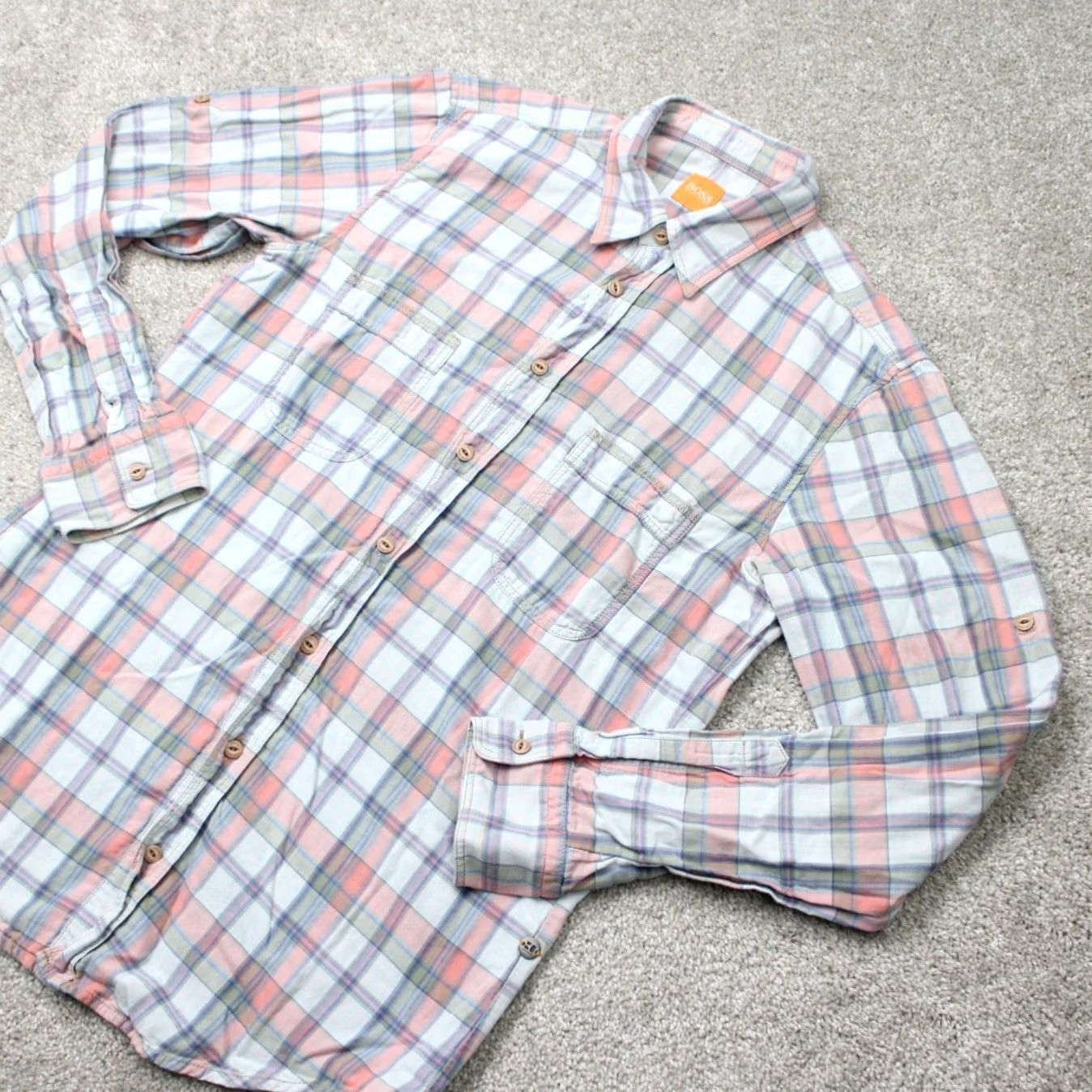 Hugo Boss HUGO BOSS Shirt Mens Medium Pink/Green CalifoE_1 Cotton Long Sleeve Button-Up Plaid Vintage No Size US M / EU 48-50 / 2 - 3 Thumbnail