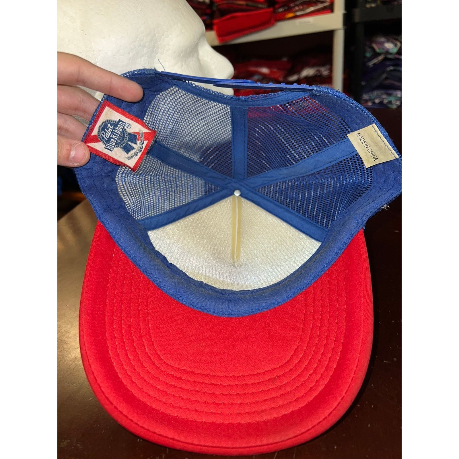 Vintage PBR Hat Pabst Blue Ribbon Beer White Blue Mesh Snapback Cap Size ONE SIZE - 7 Thumbnail