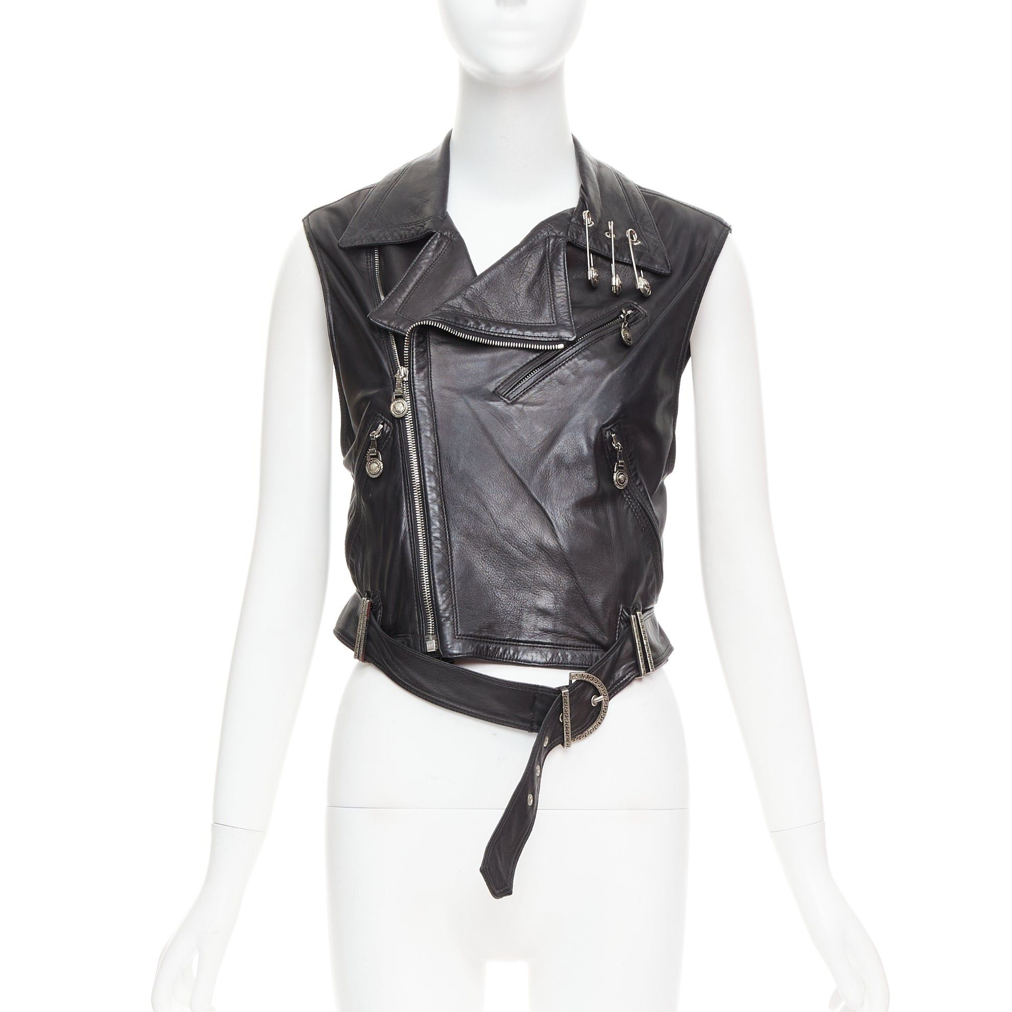 Versace GIANNI VERSACE 1994 Vintage leather medusa safety pin biker vest IT38 XS Size XS / US 0-2 / IT 36-38 - 1 Thumbnail