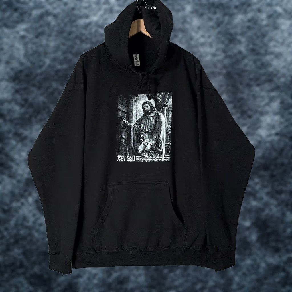 Vintage VINTAGE Jesus Hoodie Black REV 3:20 XL Christian Streetwear Ascend Church - Nike? Size US XL / EU 56 / 4 - 1 Thumbnail