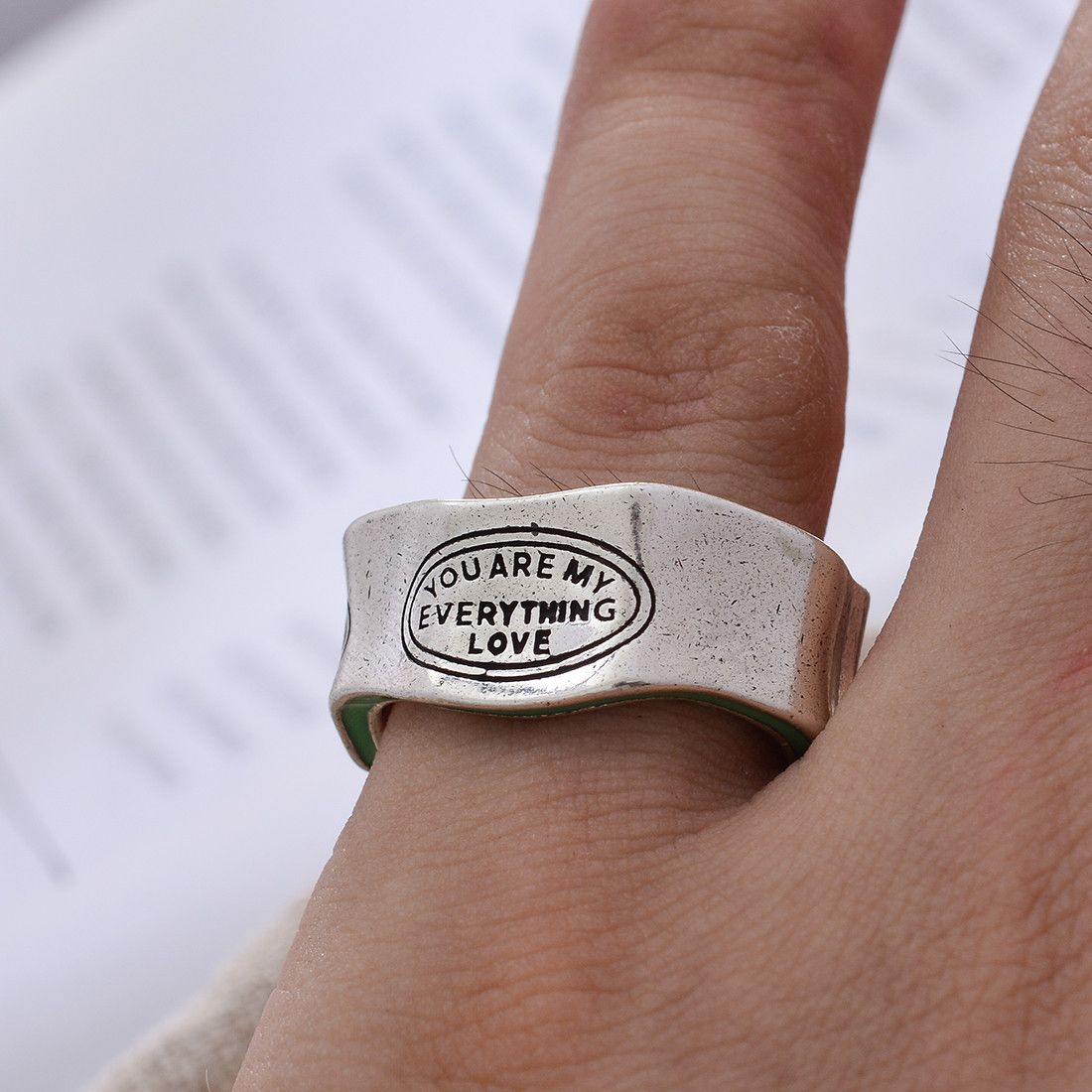 Vintage RESIZABLE Letter Carving Green Stripe Design Retro Ring Size ONE SIZE - 6 Thumbnail