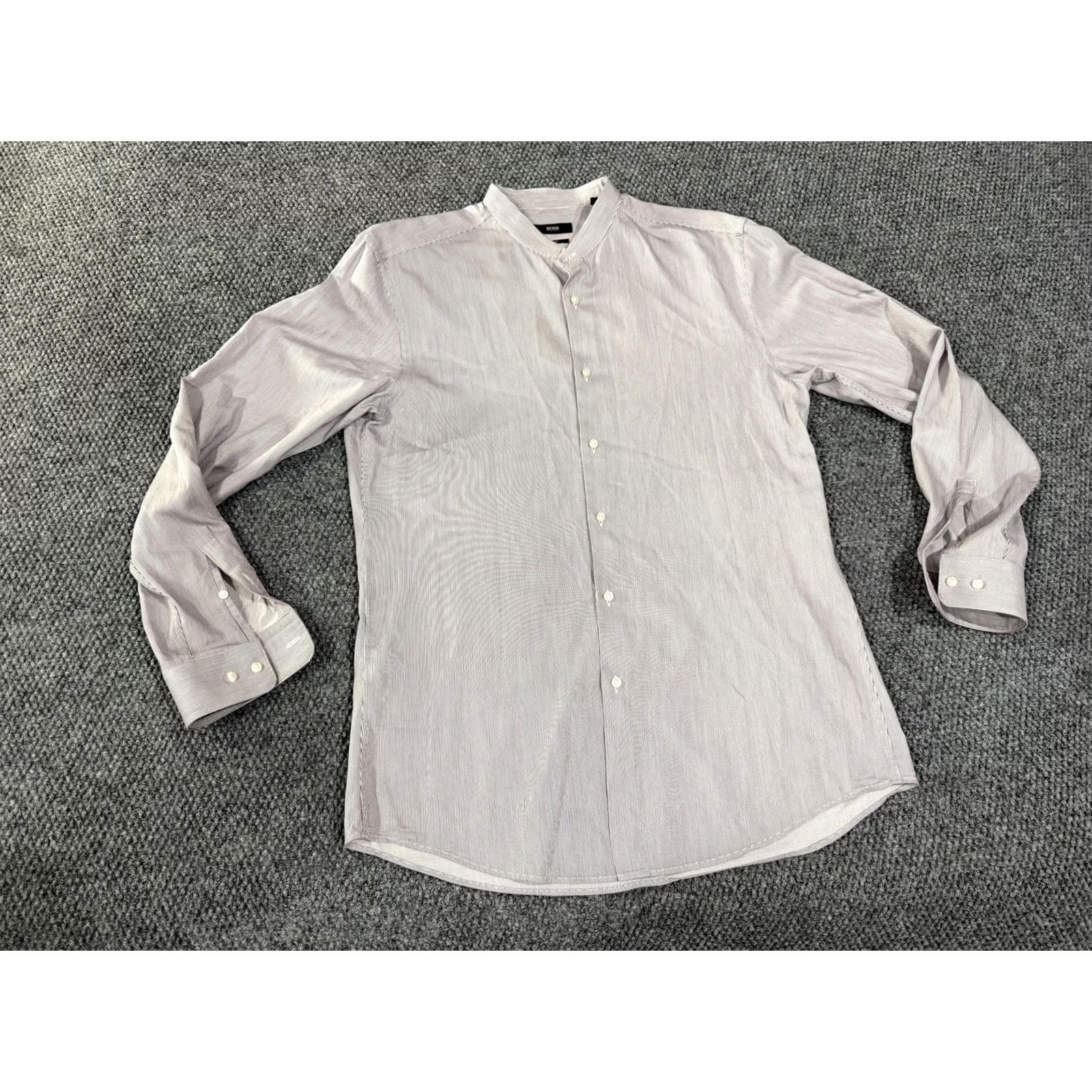Hugo Boss HUGO BOSS Shirt Mens 16 Gray Pinstripe Slim Fit Band Collar Dress Long Sleeve Mens 16 Slim Fit Pinstripe Gray Band Collar Dress Shirt Size 42R - 2 Thumbnail