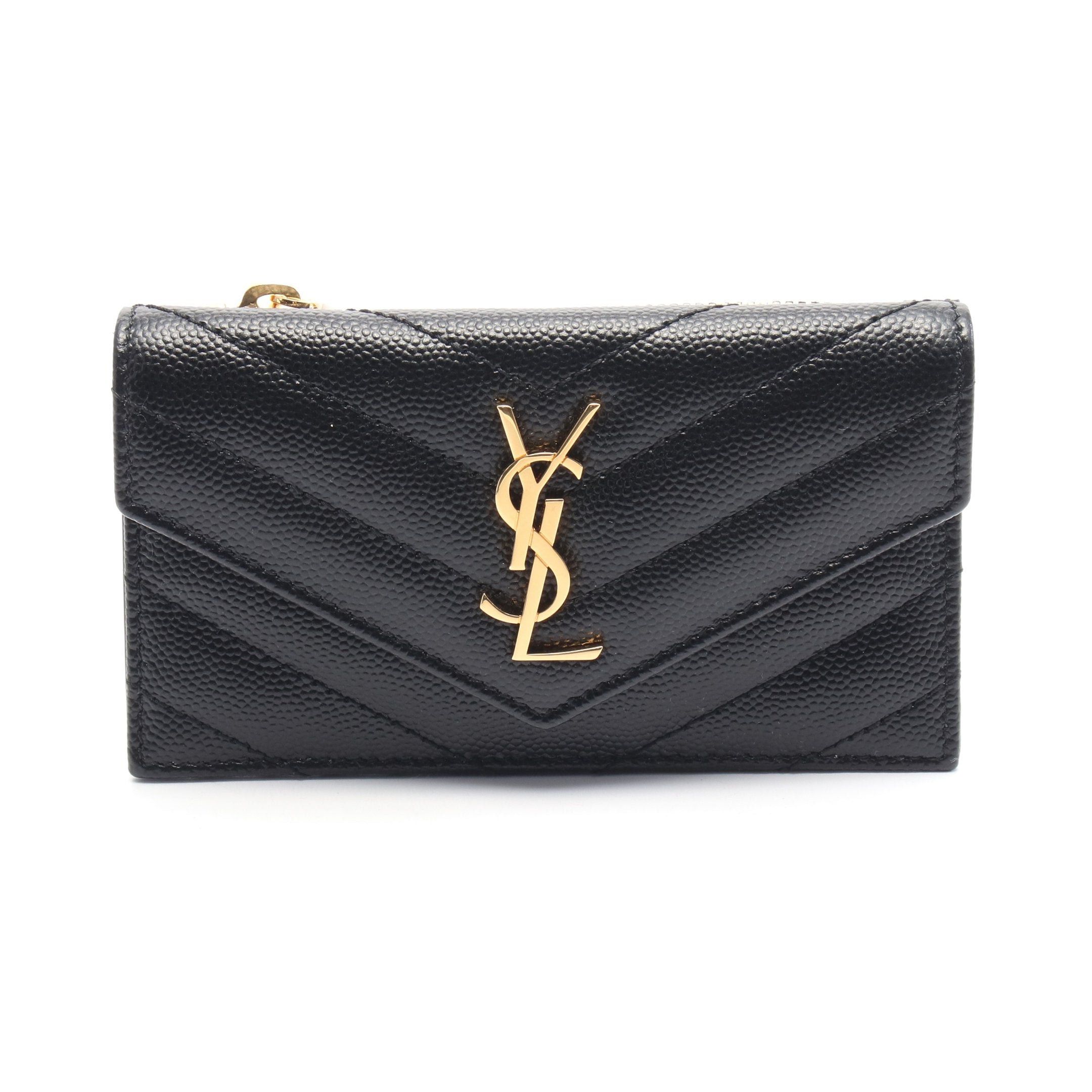 YVES Saint Laurent Monogram Fragment Coin Purse Card Case Leather Black, Women's
