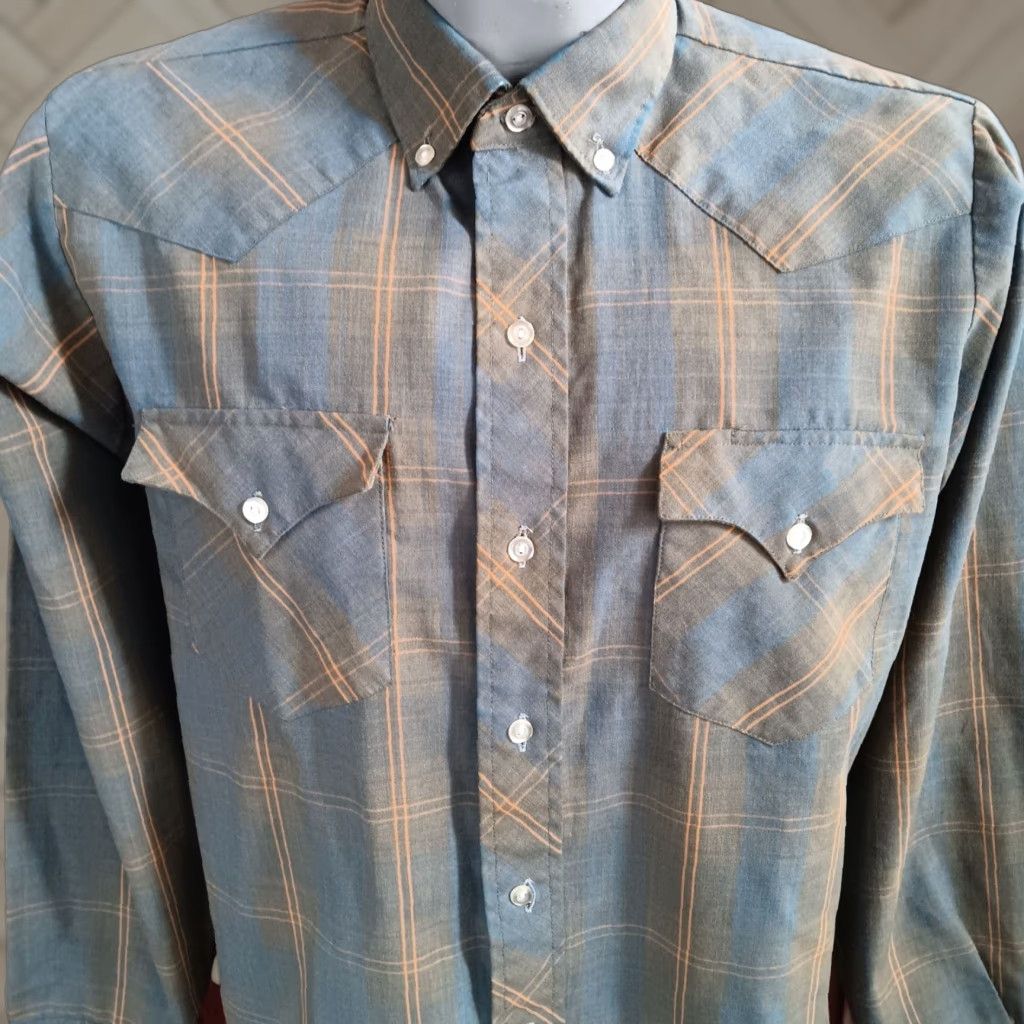 VINTAGE Prior Westerns Western Shirt L Mens Blue Plaid 1970s USA Button-Up Long Sleeve