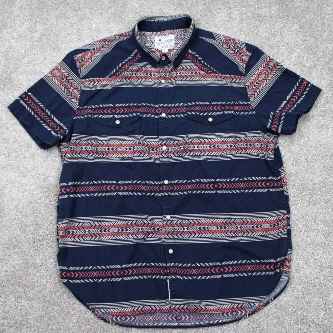 Lucky Brand Lucky Brand Pearl Snap Shirt Mens L Blue/Pink/White Cotton Stretch S/S Shirt Size US L / EU 52-54 / 3 - 2 Thumbnail