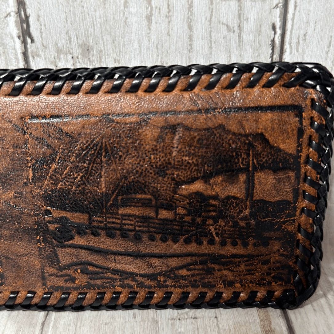 Vintage VINTAGE Leather Tooled Wallet / Bill Fold Unisex Wallet Brown Boat Design 8.5”x3.5” Mens Womens Boys Girls Size ONE SIZE - 2 Thumbnail