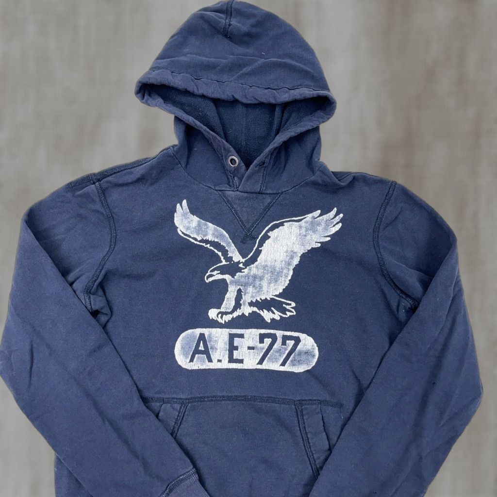 American Eagle Outfitters VINTAGE American Eagle Hoodie Men XS Blue Sweatshirt 2000s Faded AE77 Bird Logo Hooded Pullover Sleeves Long Size US XS / EU 42 / 0 - 1 Thumbnail