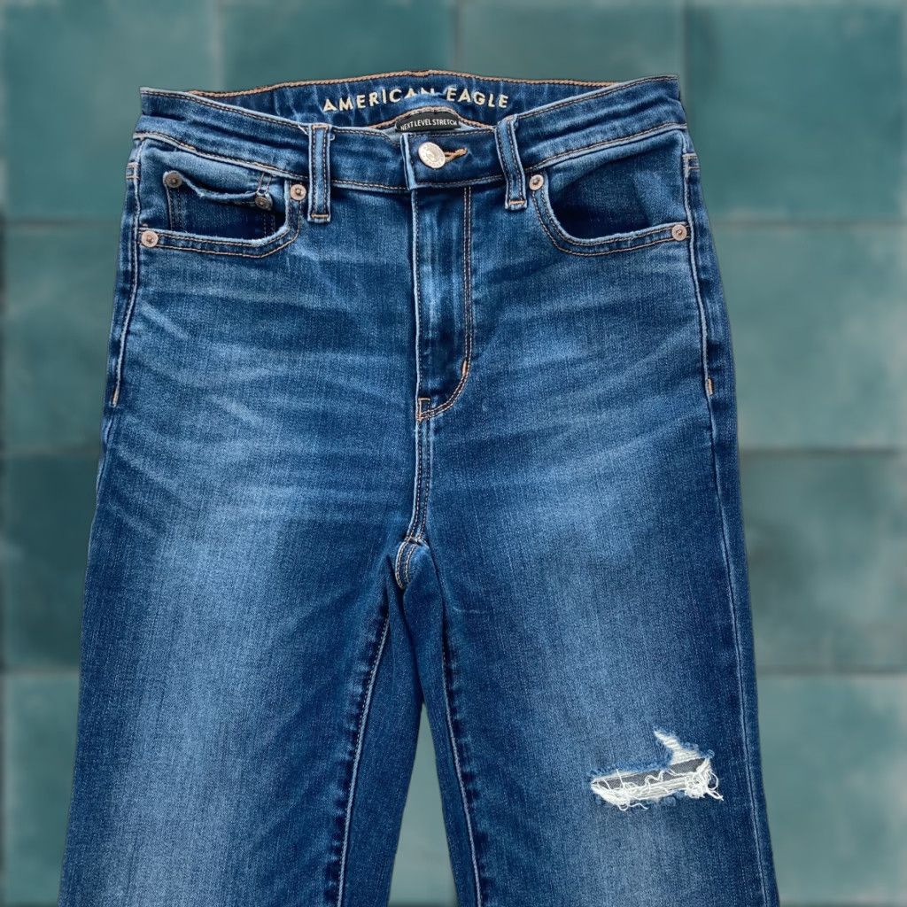 American Eagle Outfitters American Eagle Jeans Women's 2 High Rise Flare Denim Blue Stretch Distressed Y2K Jeans Size 42" / US 20 - 1 Thumbnail